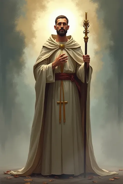 Create an abstract-style illustration of Saint Firmino of Amiens, focusing on his figure as a saint. The environment should be more abstract, evoking a spiritual and ethereal atmosphere. Saint Firmino should hold a scepter in his hand, symbolizing his role...