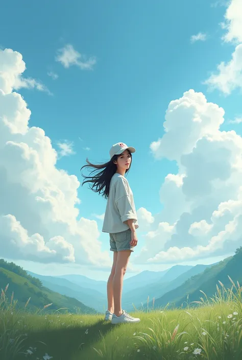 Skylight full body sky light hill cool view, beautiful clean, sky clouds like a painting, there is a beautiful girl loose gradiasi hair carried by the wind , like a Korean wearing casual clothes ,short pant, who is feeling natural beauty, she wears carry, ...