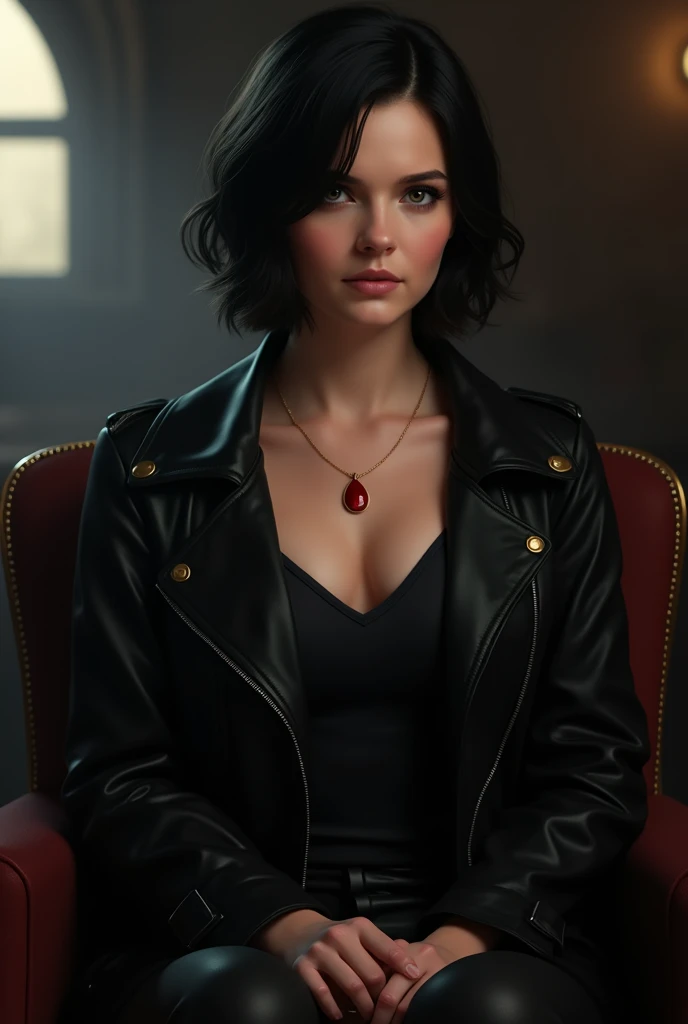 Emma Swan (Jennifer Morrison), short black hair, attractive coat and sports leather, dark black eyes with very little gold streaks, delicate necklace in the shape of a shiny red blood drop, very delicate, beautiful and attractive, accurate and perfect, cha...