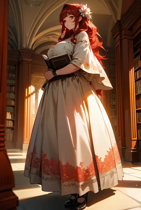 A plus size woman with a flowy flower dress. Blood red hair, amber brown eyes. Standing in a library full of books. Pretty. In her 20s. 