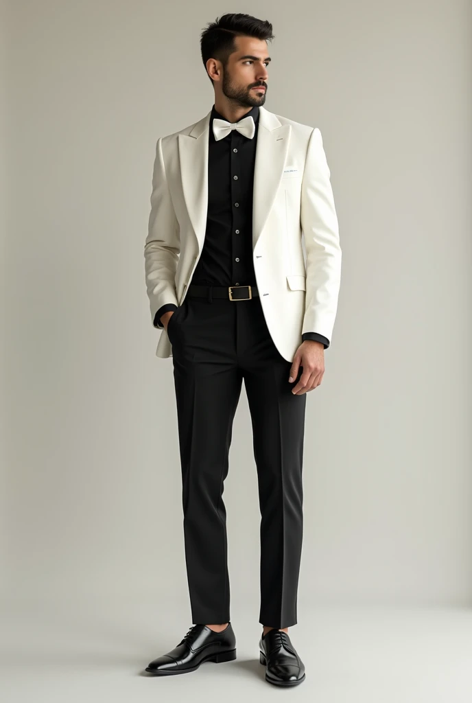 Guy in black dress shoes, white dress pants, black dress shit button up underneath , and then over top a white suit jacket with a white bow tie