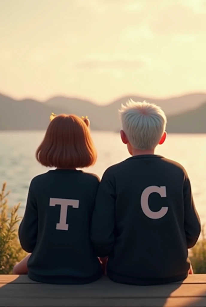 Create an animated image of a married couple sitting looking towards the horizon, where both of you have on a black sweatshirt and on his chest is the letter T and on her chest is the letter C.