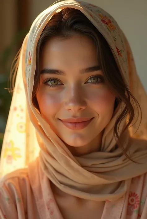 a cute girl 20 year old, sunbeams sitting with hijab, a photorealistic painting, hijab desain bunga art, portrait of cute girl, lovely smile, digital highly-detailed, cute girl portrait, hyperrealistic masterpiece, (ultra realistic), photorealistic, super-...