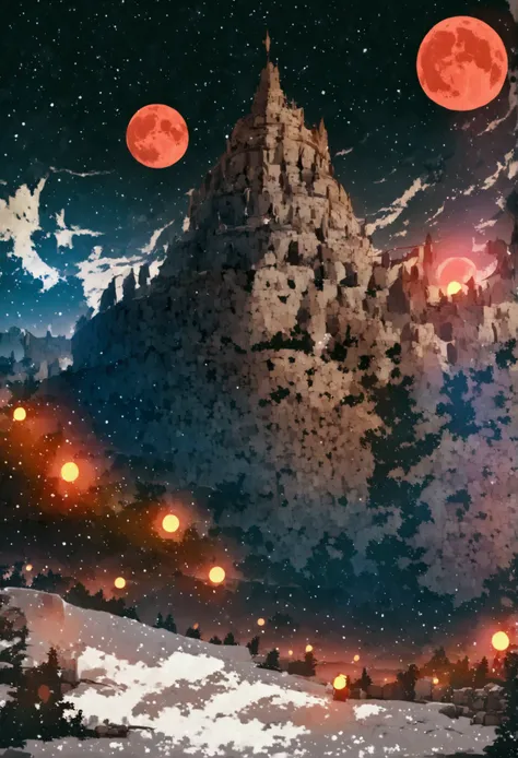 a ruined castle in a snowy biome, in the background two moons shining red in a dark sky