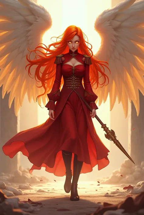 an 1 girl, Bullish, with flaming eyes, long, fiery hair, with white angel wings, wearing a red palace guard uniform, holding a spear, full body, in position 3/4, 2D.