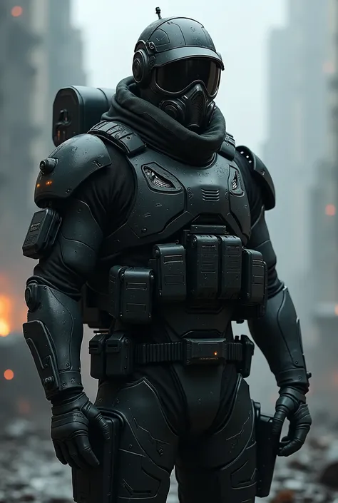 A soldier wearing futuristic black armor and a gas mask and night vision binoculars above his mask 