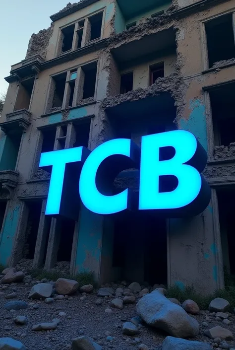 I would like to create a logo that says TCB in sapphire blue letters and stands out from a ruined building.