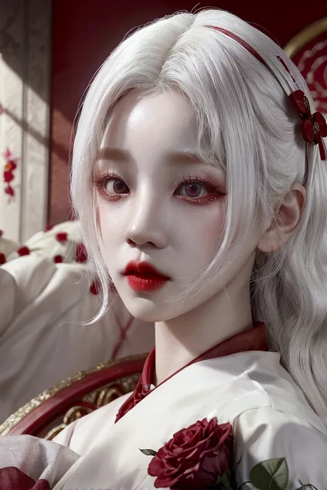 white hair, red eyes, holding red roses red lips, aesthetic purple and red, song yuqi