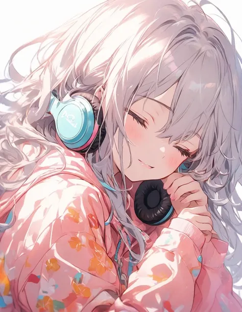 Cute girl wearing thin shoulder pajamas、Wear headphones、Close your eyes and rest