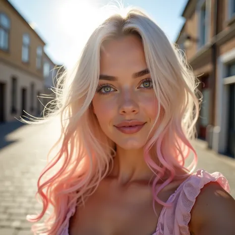 woman in flowy dress takes selfie. Sun rays .smooth, Cascading hair has a gradient from white blonde at the roots to soft pastel pink at the ends. 
Little button nose, creating a sweet charm, but in combination with mature facial features it creates a uniq...