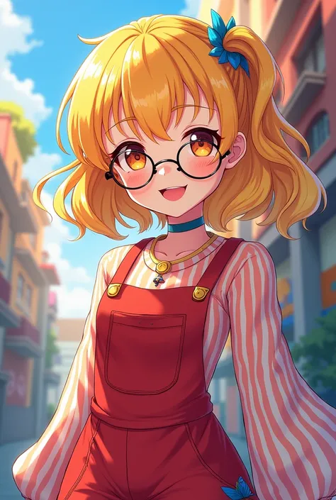  anime, blonde hair, small round glasses,red and striped outfit with blue and young outfit and jumpsuit