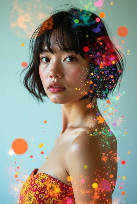 double exposure Background studio color batik art ertas wild life of a beautiful woman, short hair wearing a tube top with a kalaidoscope on the shoulder, random shape, style facing the front camera, surrounded by a kaleidoscope 