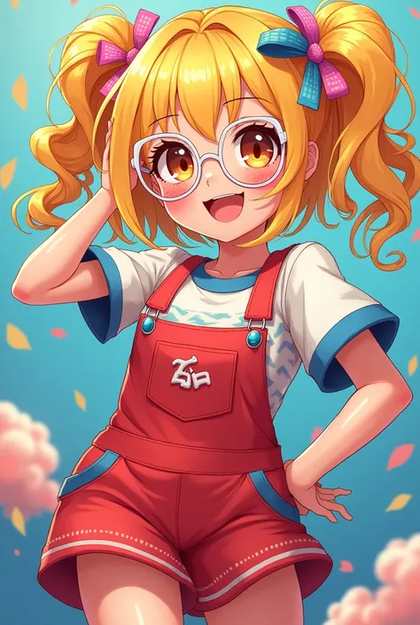  anime, blonde hair, small round glasses,red and striped outfit with blue and young outfit and jumpsuit