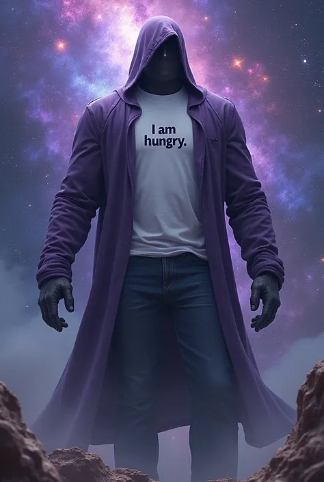 Galactus with a white shirt written "I am hungry"