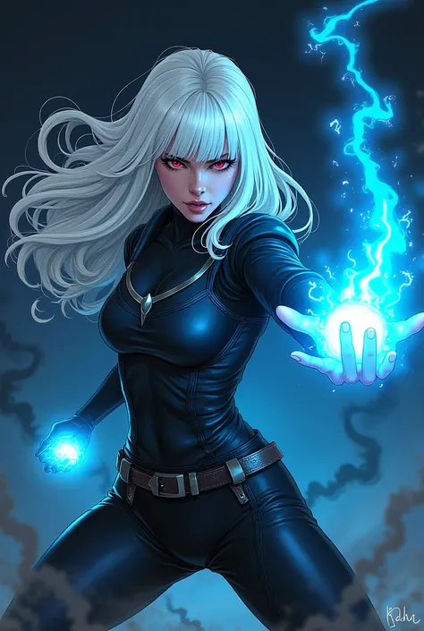 a woman with long white hair and bangs, red eyes, wearing dark clothes, concentrated, illuminated by a reddish light, in a fighting stance, with her right hand glowing in bluish neon energy, while black smoke surrounds her, Marvel HQ Art Comics style