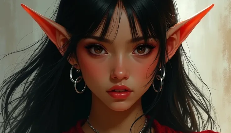 the previous elf woman, exuberante, with long, straight black hair, dark-skinned, small ears, silver jewelry and dark eyes