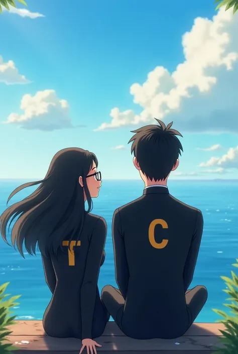 Create an animated image showing a married couple sitting looking towards the horizon from the front., where she wears glasses, have long black hair; and he has short black hair with some ash-colored gray hairs. Also, that both of them have on a black dive...