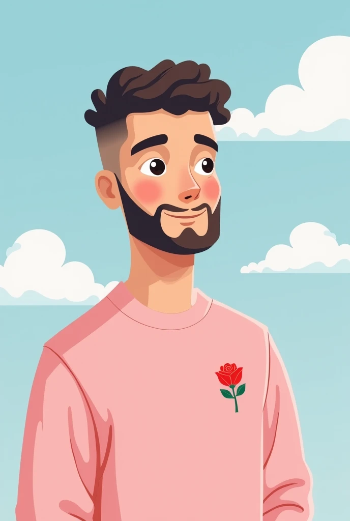 Man with shaved beard with pink sweatshirt or on top there is a small rose at the top right of the sweater curly hair sky blue background with cloud simplistic cartoon style