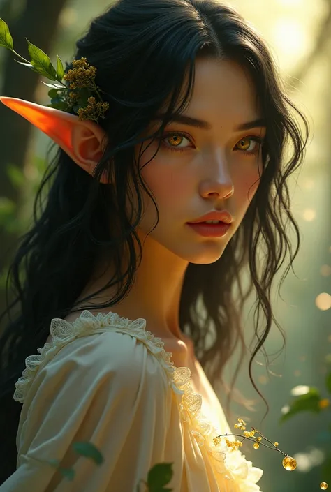 A yellow-skinned male elf with shoulder-length black hair and golden eyes. 