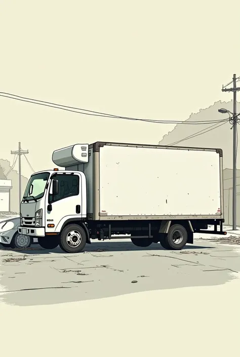 Small white truck hitting a car, against the grain of anime drawing style