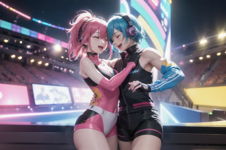 music lovers dancing in a vibrant Eurobeat universe, high-quality headphones, joyful and sparkling bright daylight scene, vivid colors, ultra-detailed, (best quality,4k,8k,highres,masterpiece:1.2),ultra-detailed,(realistic,photorealistic,photo-realistic:1....