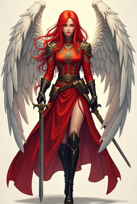 a girl in 2D, full body, 1, Bullish, with flaming eyes, long, fiery hair, with white angel wings, wearing a red palace guard uniform, holding a sword.