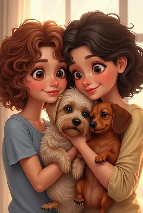 Two white women, one with caramel brown curly hair,brown eyes, full lips and a delicious smile,holding a Yorkshire terrier and another short caramel brown haired dog, brown eyes e lábios finos com um sorriso meigo,holding a caramel Dachshund dog 