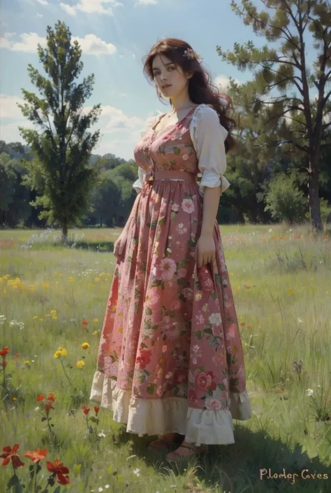 A plus size woman with a flowy flower dress. Blood red hair, amber brown eyes. Standing in a field of flowers. Soft plump lips. Amber eyes. Long black eyelashes. Dark hair. 