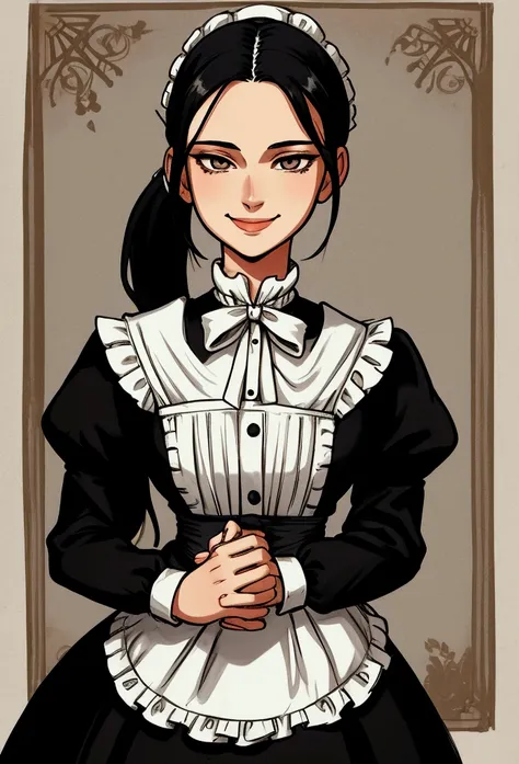 black hair,straight hair, ponytail,long, white eyes, maid victorian outfit, front view, smile