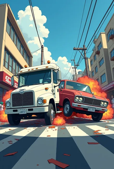 Anime Art Style, a small white truck crashing into the front of a car.