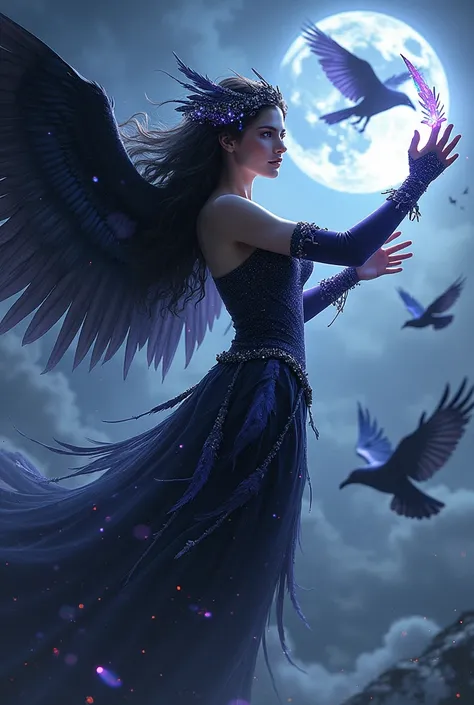 The image of the magical crow woman:

Appearance: hair, like magic silk, flowing in black strands with silver highlights. Her eyes shimmer with purple magic., a dress of raven feathers shines in the moonlight.

magic: She is floating in the sky, surrounded...