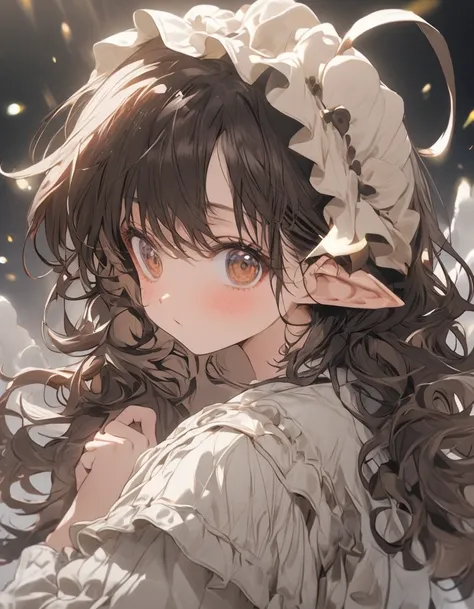 1 Girl,Fluffy hair, curls, Dark brown hair, (A fan-shaped dark brown to gray-brown mushroom on the head), Fluffy dresses,Cute little、calm、Stuffy dress、Cream、