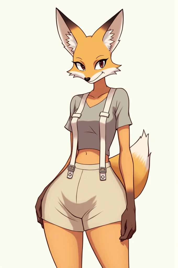 The head is thin and elongated, keeping the fox traits, with a prominent snout and a sly, smiling expression. The visible ear is pointed, characteristic of foxes. The character has a bulkier body structure, especially in the hip and leg area, with wide thi...