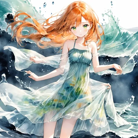 (masterpiece, Best Quality), ((One girl, Alone, Long Hair)), Ishmael_edge, Innocent look, Exposing arms, Exposing shoulders, Bareneck, watercolor, Sundress, Liquid clothing, water, Wave, water dress, green_theme, night, mist, dark, Sharp focus, sea, See-th...