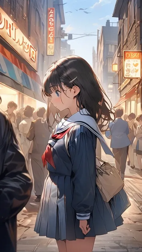 ((best quality)), ((masterpiece)), (detailed), Retro streetscape in the center, viewed from the side、A black-haired girl wearing headphones walking sideways from the right edge to the center, placed slightly larger、Looking at the camera、On the way to schoo...