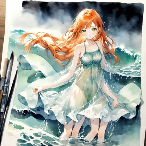 (masterpiece, Best Quality), ((One girl, Alone, Long Hair)), Ishmael_edge, Innocent look, Exposing arms, Exposing shoulders, Bareneck, watercolor, Sundress, Liquid clothing, water, Wave, water dress, green_theme, night, mist, dark, Sharp focus, sea, See-th...