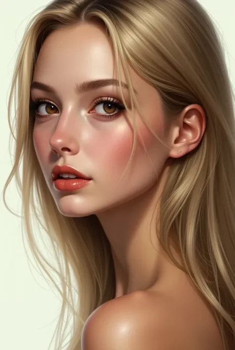 Profile picture of a person with straight hair, Long and blonde, big brown eyes, profiled nose and long eyelashes