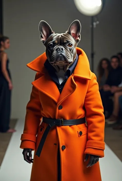 A dog from a funny breed, such as a French bulldog, posing in a professional photography studio with perfect lighting. The dog is dressed in high-fashion clothing by a famous designer, wearing a vibrant orange overcoat with textured details and a modern cu...