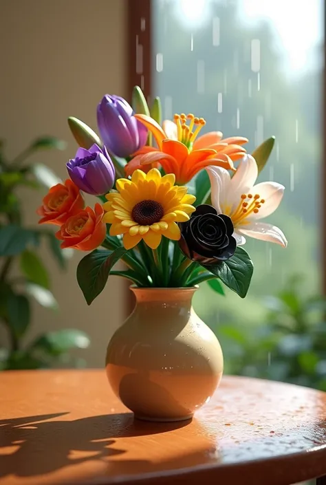 A 3D render of a realistic table scene with a vase of Lego-style flowers. The vase contains a purple tulip, a yellow sunflower, an orange lily, a black rose, and a white orchid. The flowers are placed in a ceramic vase on a wooden table. The background is ...