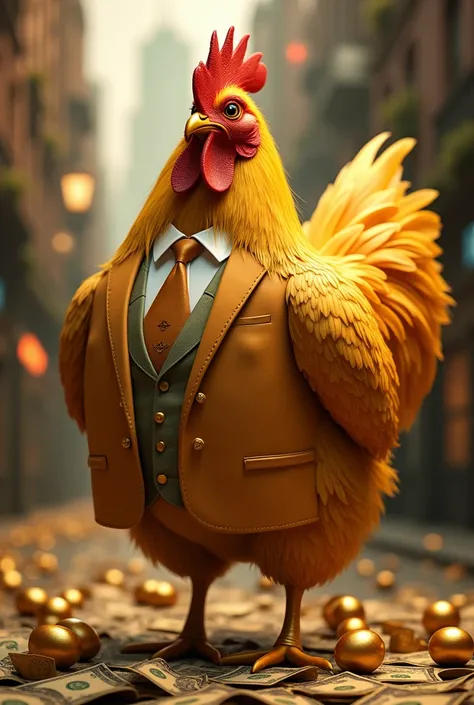 Giant golden hen with green, dressed in a suit with golden eggs and dollars, big money