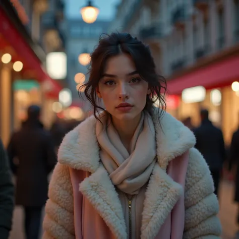 There is only one French girl in the photo, light make-up on her face, light pink lips, full body dressed in winter clothes with white and pink wool colors all over the body, walking through a city at night in autumn time, natural and realistic shading and...