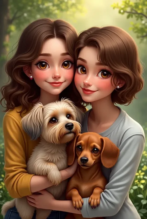 A white woman with caramel brown curly hair,brown eyes, full lips,a beautiful smile and holding a Yorkshire terrier and another woman with short straight brown hair,brown eyes e lábios finos com um sorriso lindo segurando um cão Dachshund 