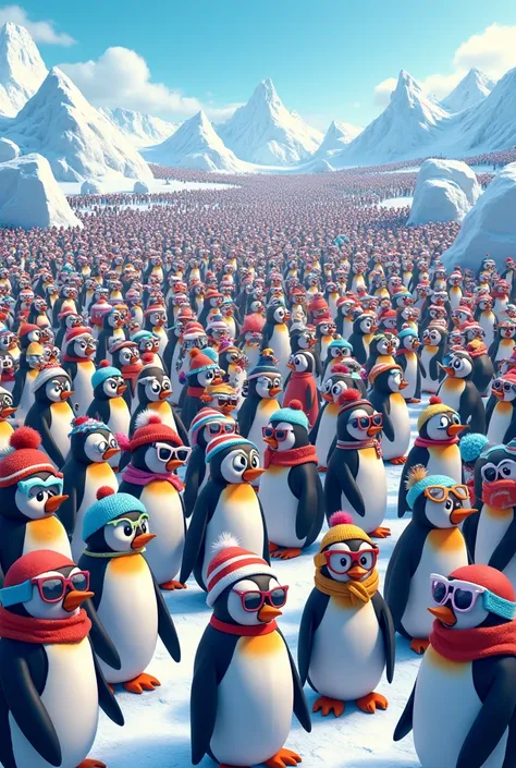 Massive crowd of penguins, Wheres Waldo style illustration, hundreds of cartoon penguins in various winter outfits, ski hats, sunglasses, ski suits, earmuffs, scarves, colorful and diverse clothing, isometric view, panoramic Antarctic landscape, icy backgr...