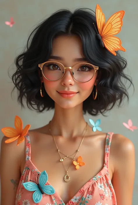 Beautiful girl with short wavy black hair, dark brown eyes, with glasses, light brown skin, with bohemian dress with flowers and butterflies, smiling. With crochet items.