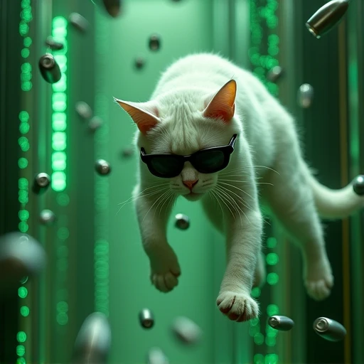 “A white cat wearing sleek black sunglasses, bending backward in a dramatic slow-motion pose to dodge multiple silver bullets, in a Matrix-inspired scene. The background features walls of cascading green code, glowing with neon light, and futuristic metall...