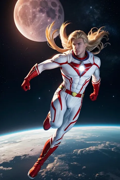 Young man of twenty years old , long blonde hair , blue eyes , extremely muscular body , white superhero uniform with red details , red boots , red gloves , flying at extreme speed through space, the moon in the background, full body , HEAD ON 