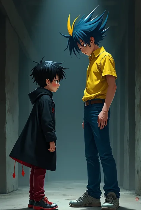 A boy with black hair with red parts,with red eyes,with a black coat and pants with red parts, in front of a tall man,with blue hair and yellow streak,with a yellow shirt and blue pants,and be serious and look scary 