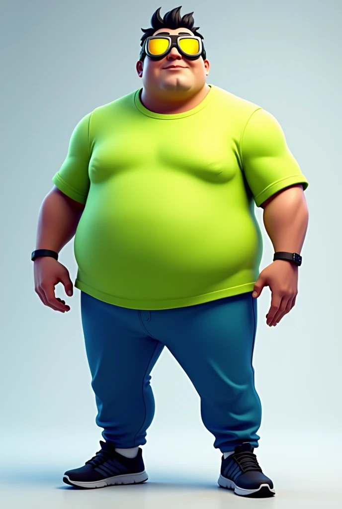 Create me a male, really fat Fortnite. Skin the skin has diving goggles and black hair. The hair is short, skinny sweatpants and some over size, T-shirt and black, tight-fitting sports shoes. The diving goggles should be yellow. The jogging pants should be...