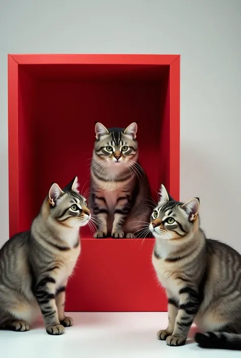 3 cats on studio for luxury fashion editorial campaign photoshoot and photos just showing to  cinematic mood with white background and in studios red box opening one cat and the two of cats see the one