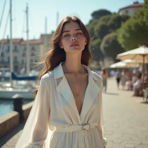 There is only one French girl in the photo, light make-up on her face, light pink lips, cotton white dress, silver necklace, walking on a port background image: boats, head to toe, whole body, hyper realistic photo, wearing white clothes, wearing a linen s...